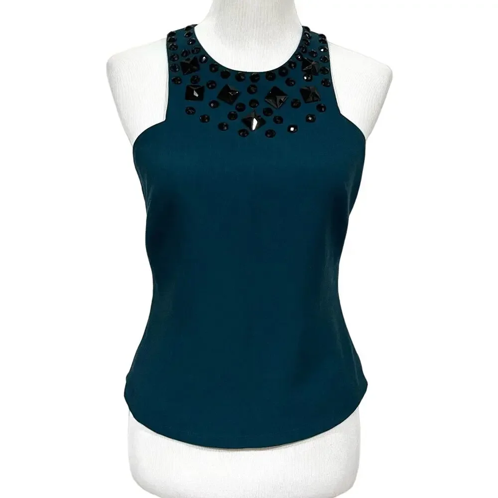 Annie Griffin Beaded Top Sleeveless Tank Fitted Teal Blue Black Women’s Sz 6